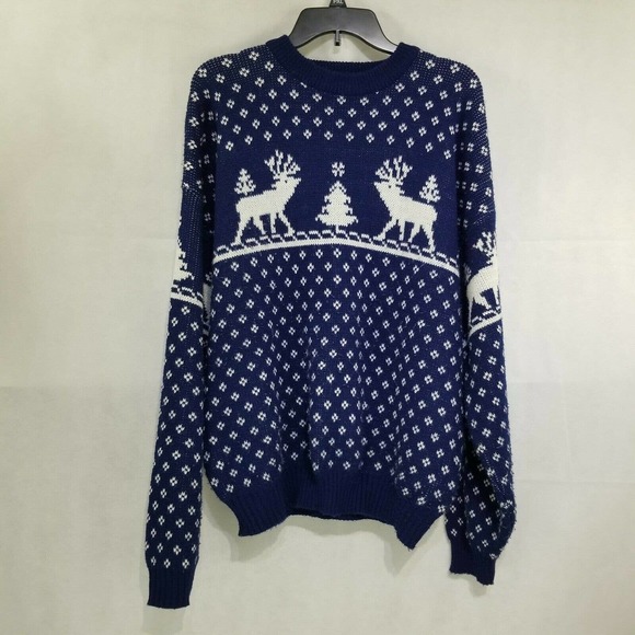 Men’s Size L Puritan Blue Reindeer / Moose Acrylic Sweater Trees Vintage Design - Picture 1 of 12